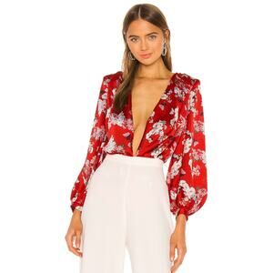 Bronx & Banco Women's Small Tokio Silk Blend Red Floral V-neck Bodysuit Blouse
